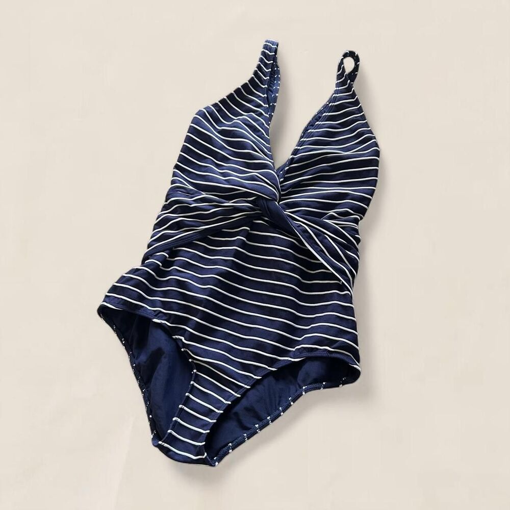 Jonathan Simkhai navy striped Plunging one piece swimsuit Size Medium NWT - Picture 2 of 7